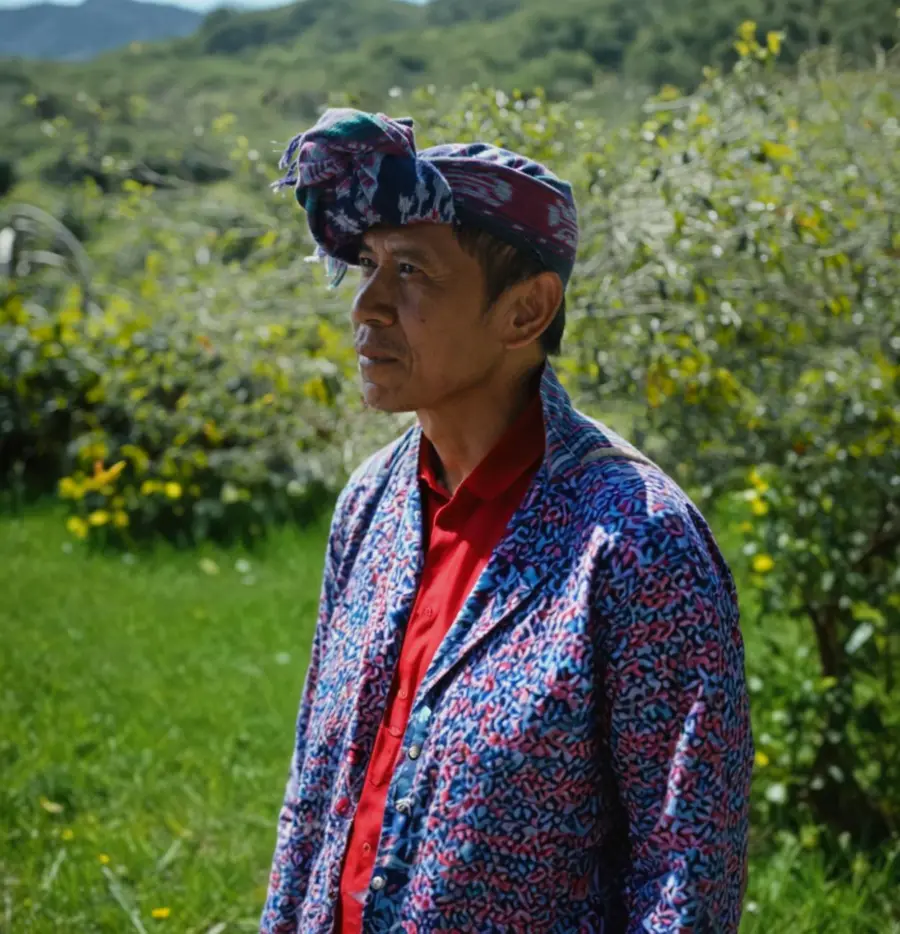 Man in a batik headcloth and red-and-blue patterned jacket standing in a green coffee landscape